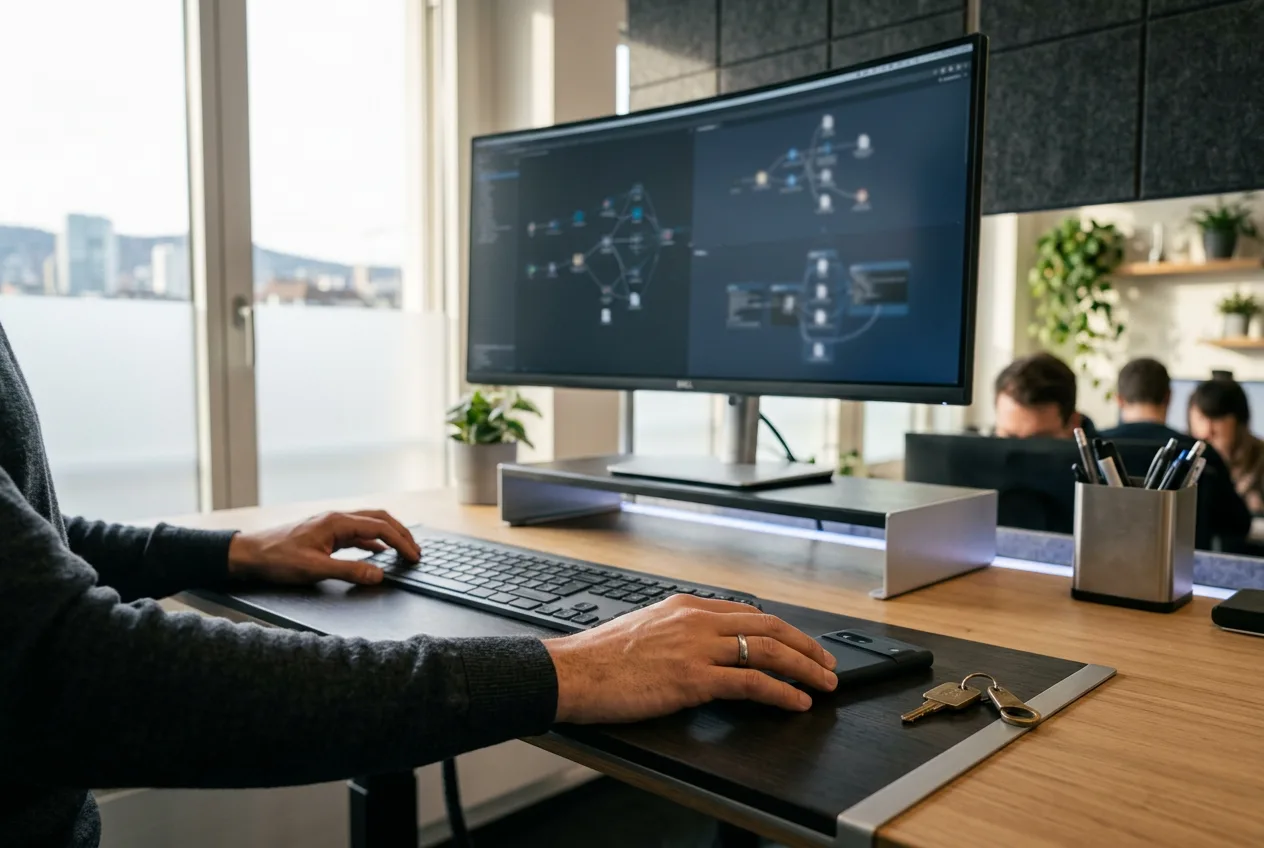 Engineer desk with smartphone, security key, and monitor running developer protocols for AI commerce.