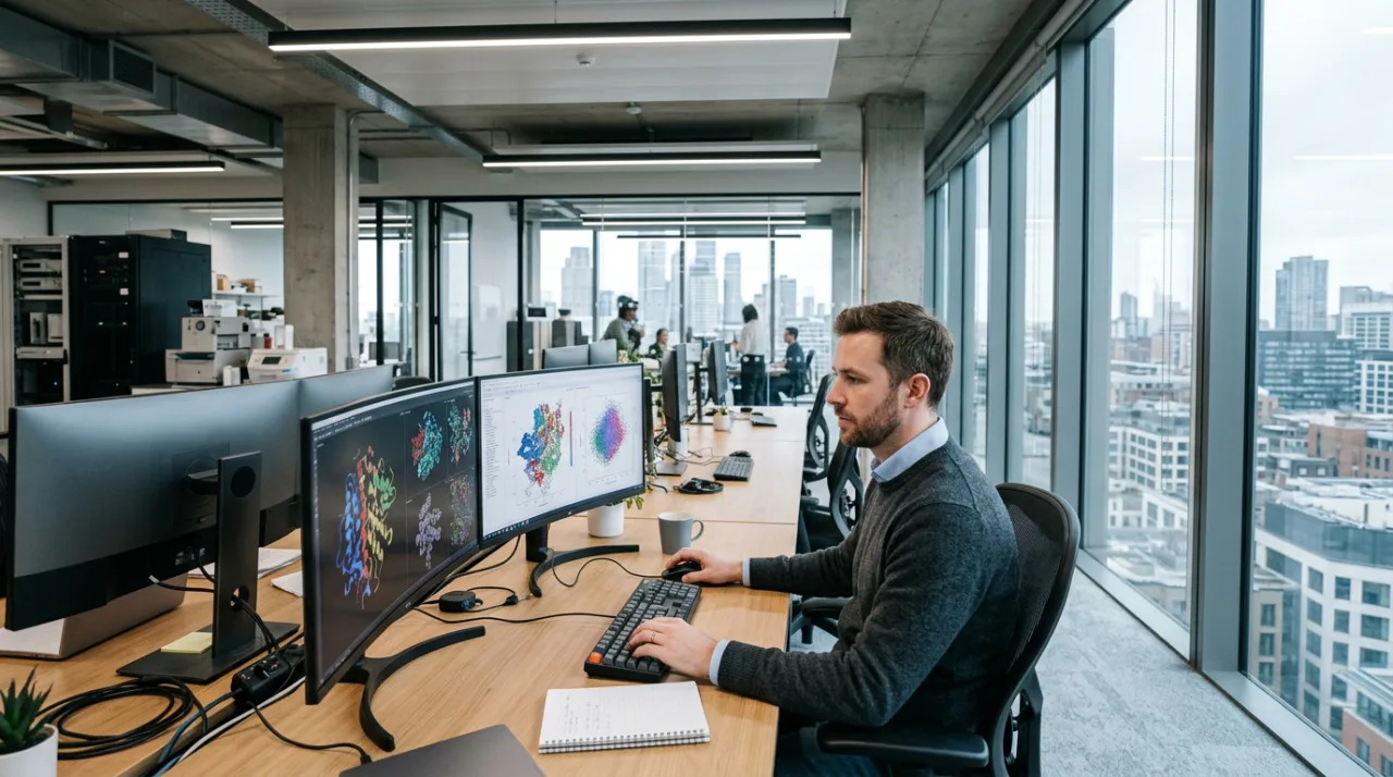 A scientist analyzing complex 3D protein structures on dual monitors in a modern computational research office.