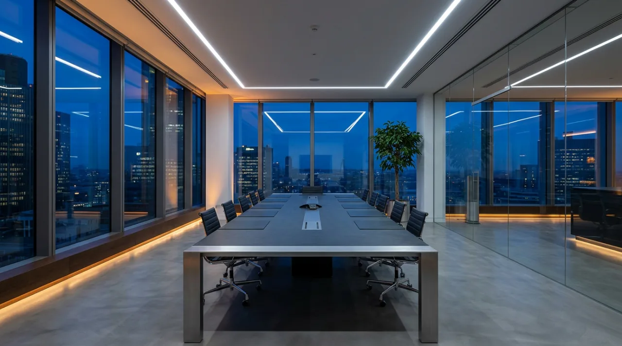 Modern high-rise executive boardroom overlooking a European financial skyline at dusk.