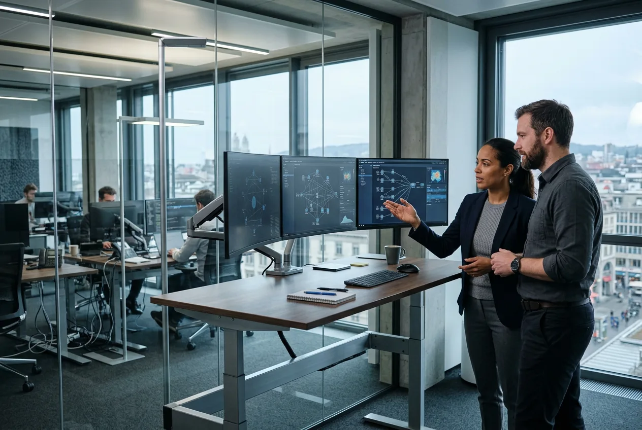 Cybersecurity engineers reviewing vulnerability defense systems in an office environment.