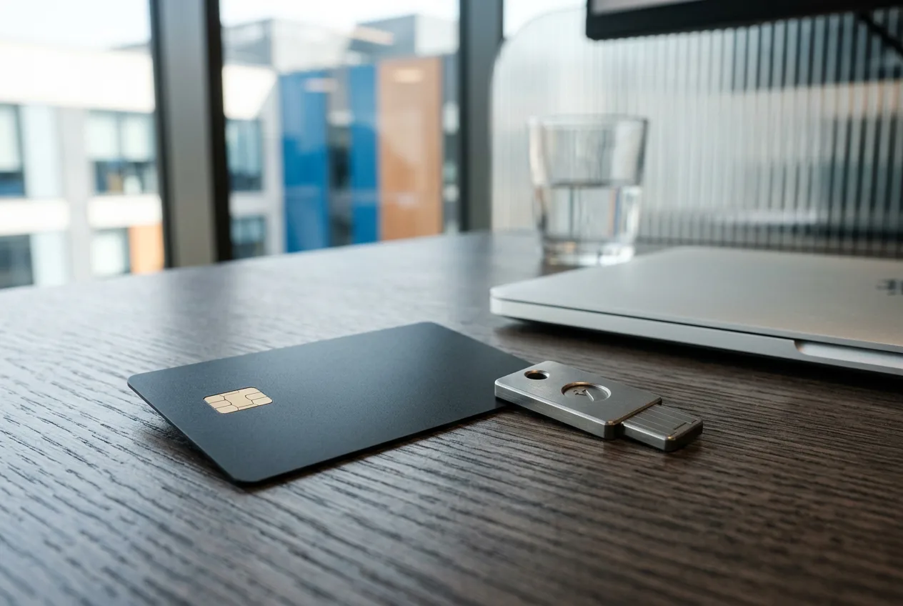 A matte black payment card and a metallic cryptocurrency hardware key on an office desk.