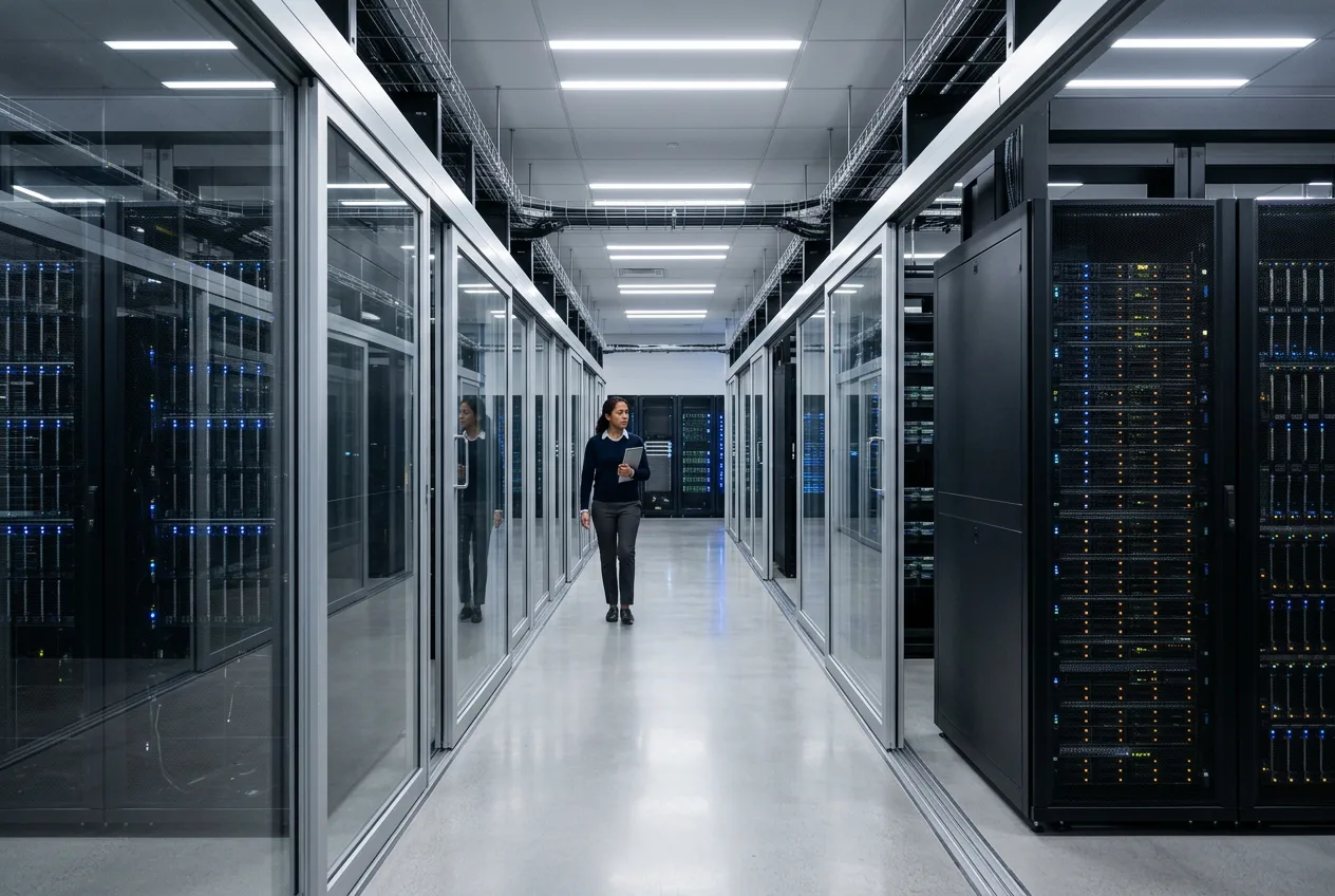 A modern AI data center corridor with illuminated server racks powering large-scale scientific computation.