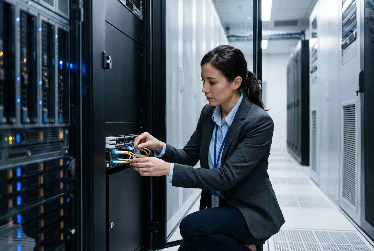 Security specialist inspecting server hardware during an internal investigation at a tech company.