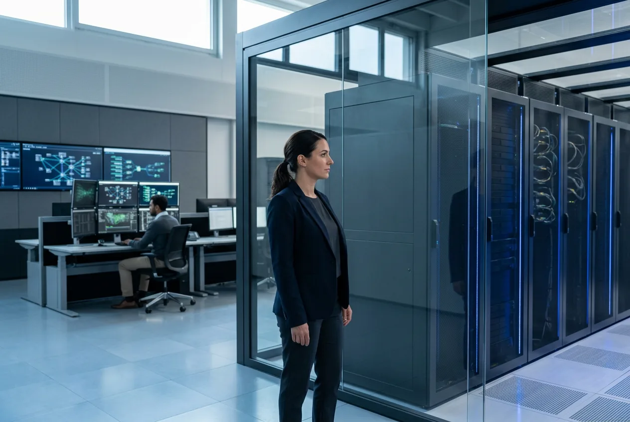 Cybersecurity specialist inspecting server racks in a modern data center monitoring network behavior.