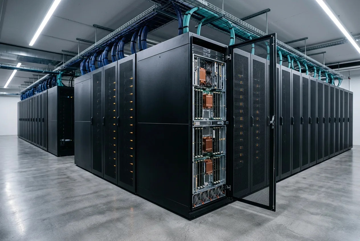 Data center server racks housing compute clusters for testing frontier AI models and benchmarks.